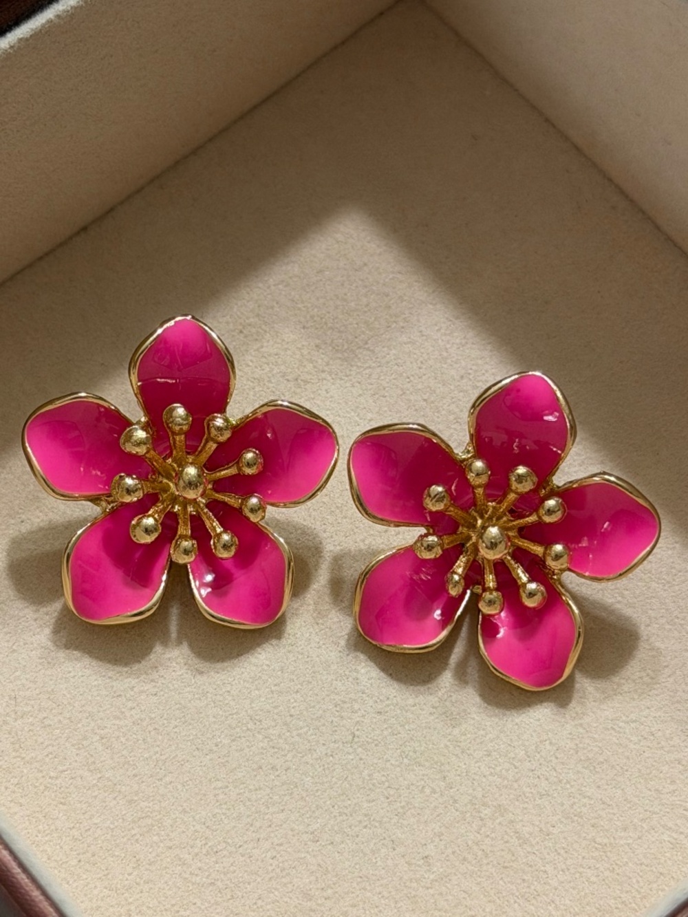 Golden Pink Cherry Blossom Flower Stud Earrings.